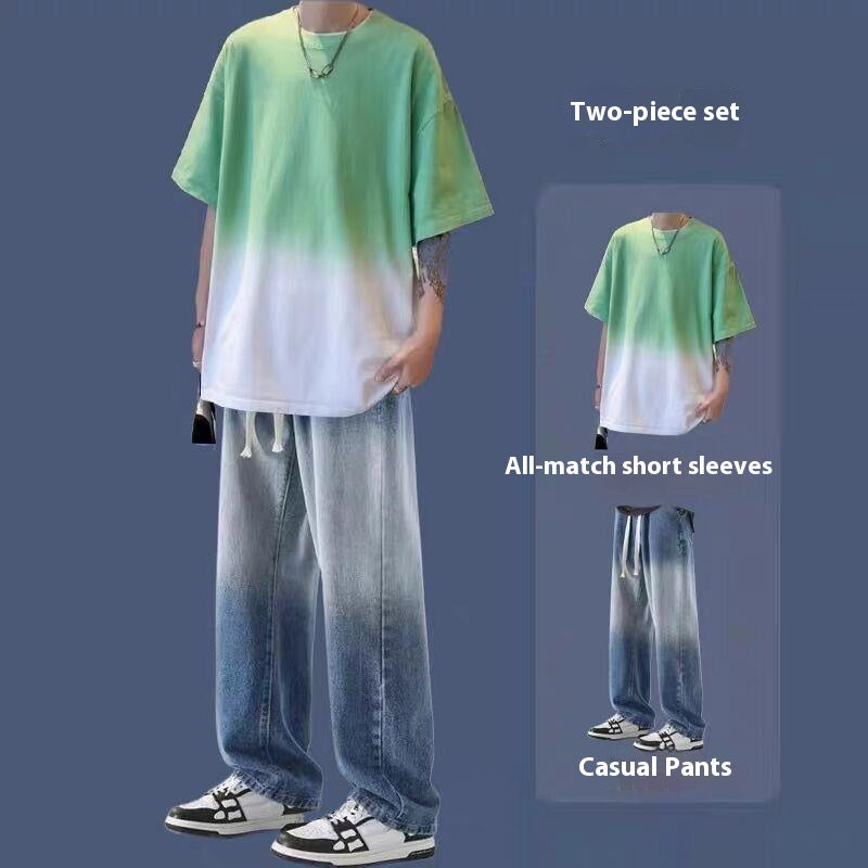 Gradient Short-sleeved Men's Summer Suit Jeans Ruoshuai Two-piece Set