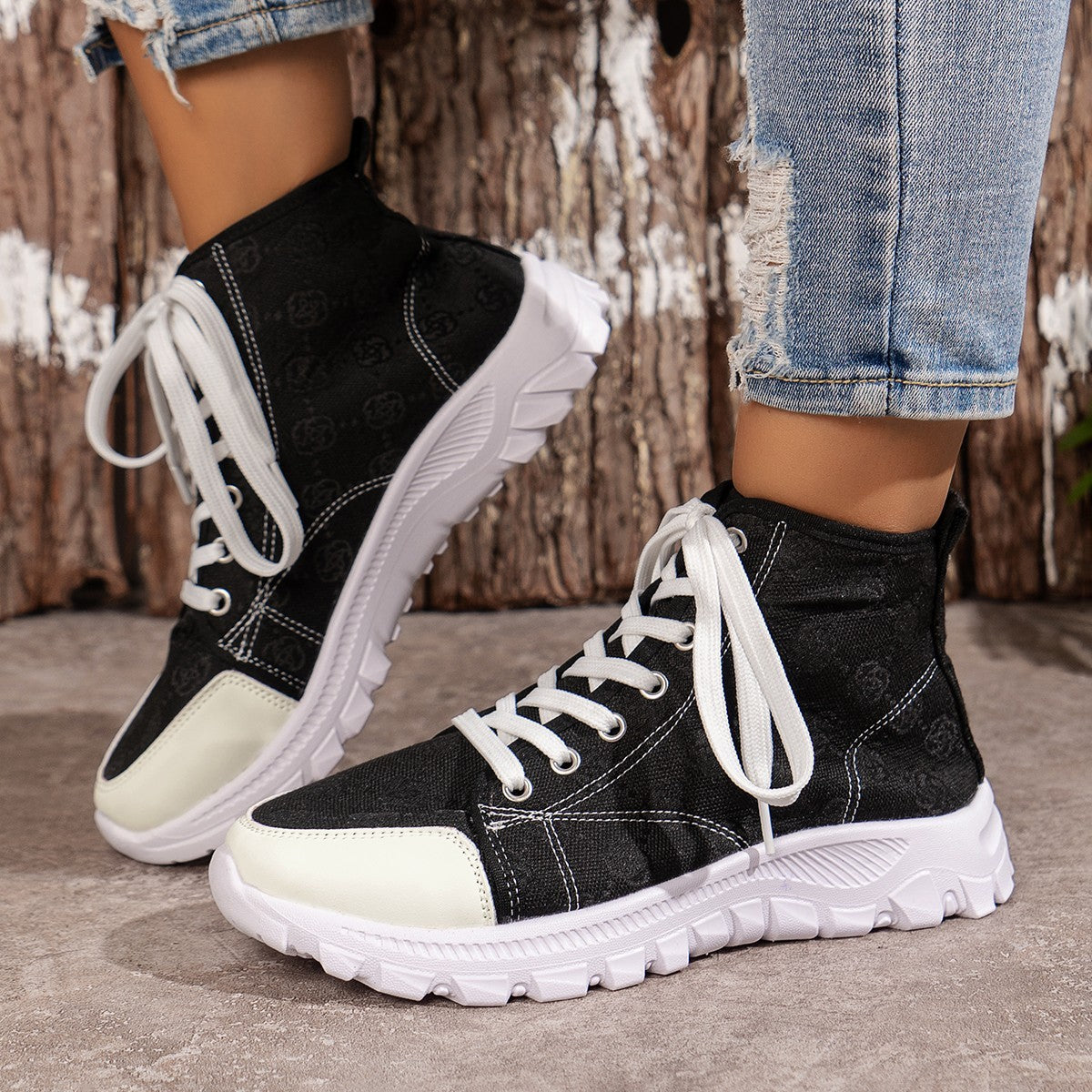 Rose-printed Lace-up Boots Fashion Breathable Canvas Shoes Sports Casual Non-slip Thick-soled Short Boot For Women null