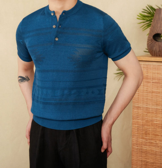 Knitted Henley Shirt American Retro Slim-fit Short Sleeve