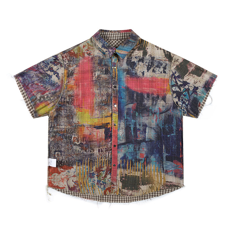 Men's Patchwork Plaid Double-sided Graffiti Short-sleeved Shirt