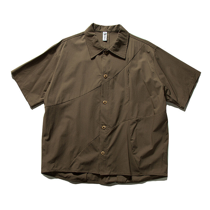 Japanese Style Hidden Zipper Design Pocket Short Sleeve Shirt