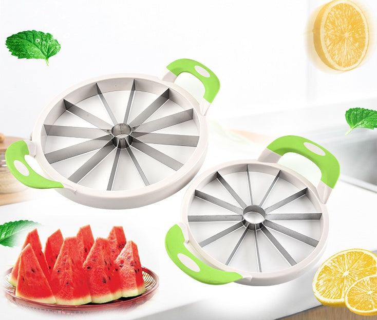 Alt Tag: Stainless Steel Watermelon Cutter slicer with non-slip green handles, stainless steel blades cutting watermelon into wedges