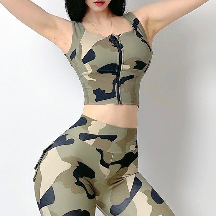 Camouflage Printed Front Zipper Sports Underwear Shockproof Yoga Clothes Vest null