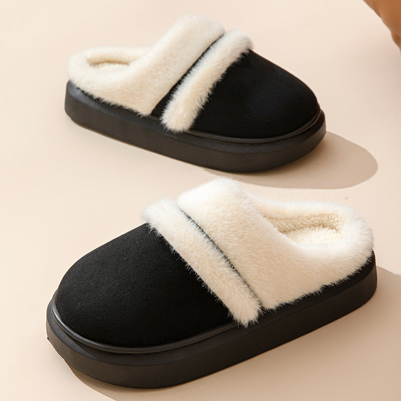 Fashion Warm Cotton Slippers For Women Leisure Thick Bottom Non-slip Plus-velvet House Shoes Winter Bedroom Floor Suede Slipper null