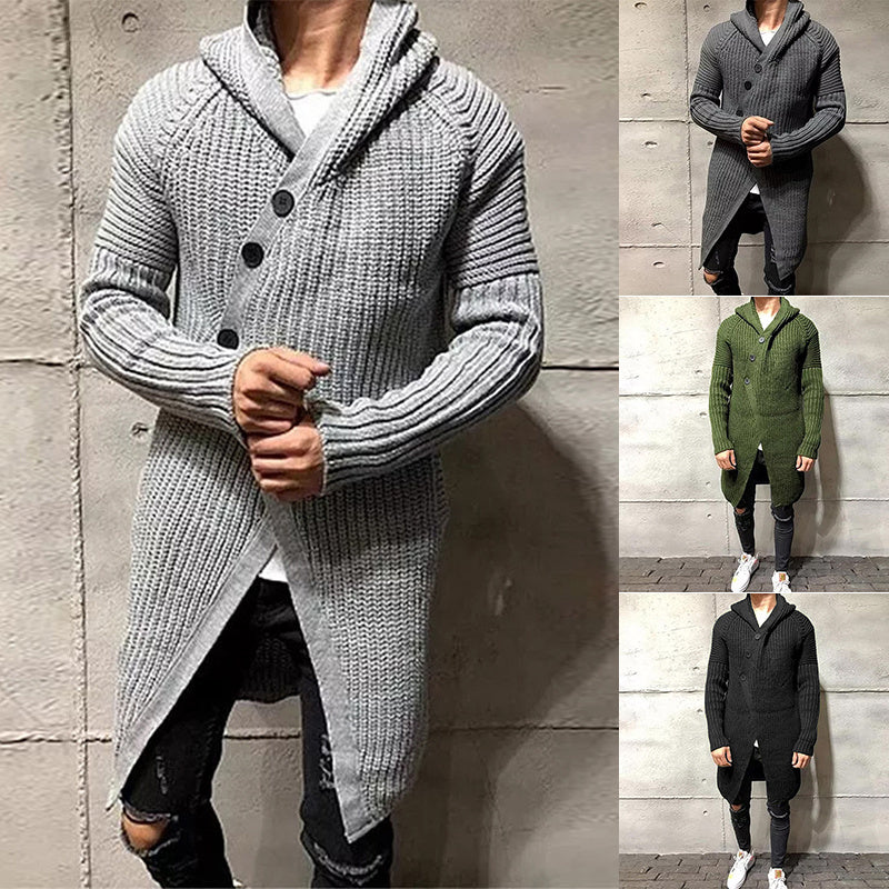 Long Knitted Hooded Sweater Coat Men Solid Color Button Casual Clothes null