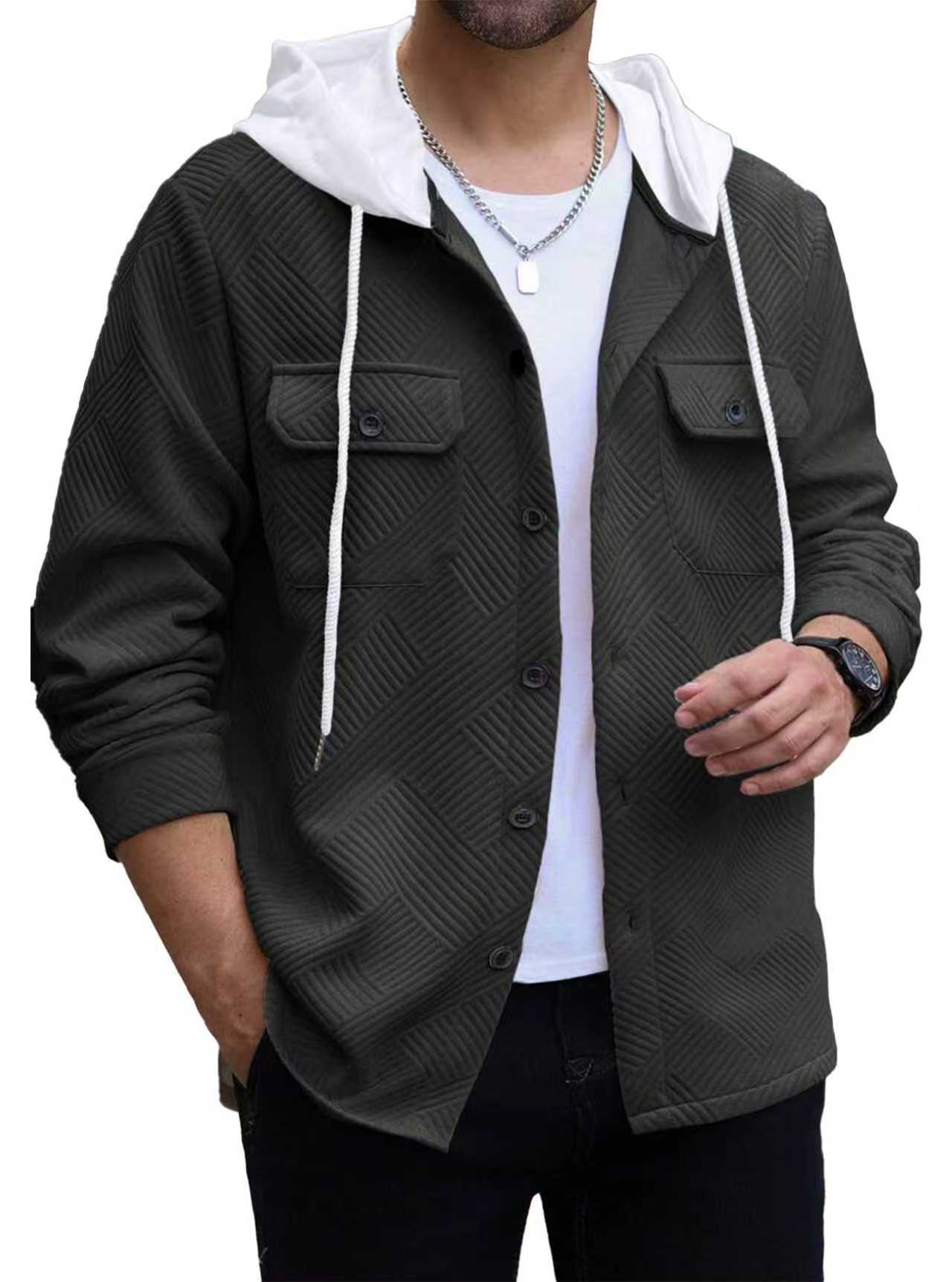 Men's Casual Sporty Color-block Hooded Button-up Jacquard Pocket Jacket