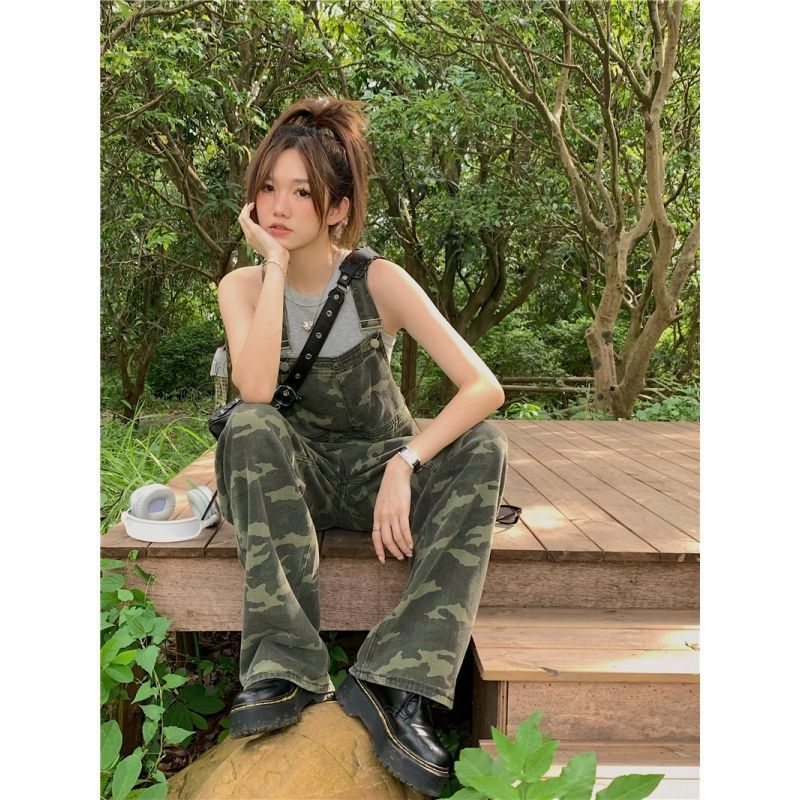 American Camouflage Shoulder Strap Jeans Women null