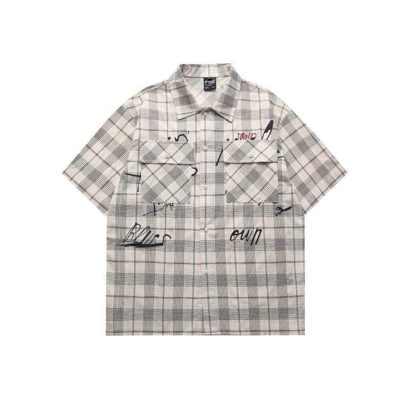 Japanese-style Retro Letter Graffiti Printing Paste Bag Loose Plaid Short Sleeve