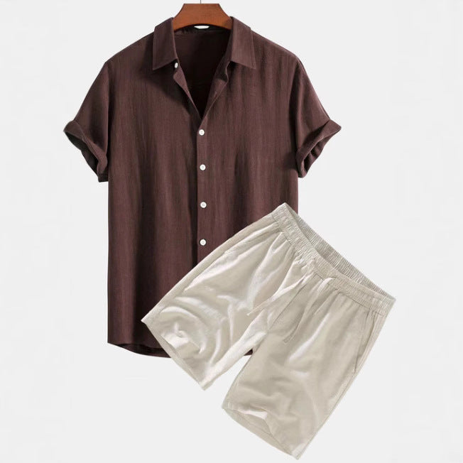 Men's Solid Color Casual Short-sleeved Shirt Shorts Suit