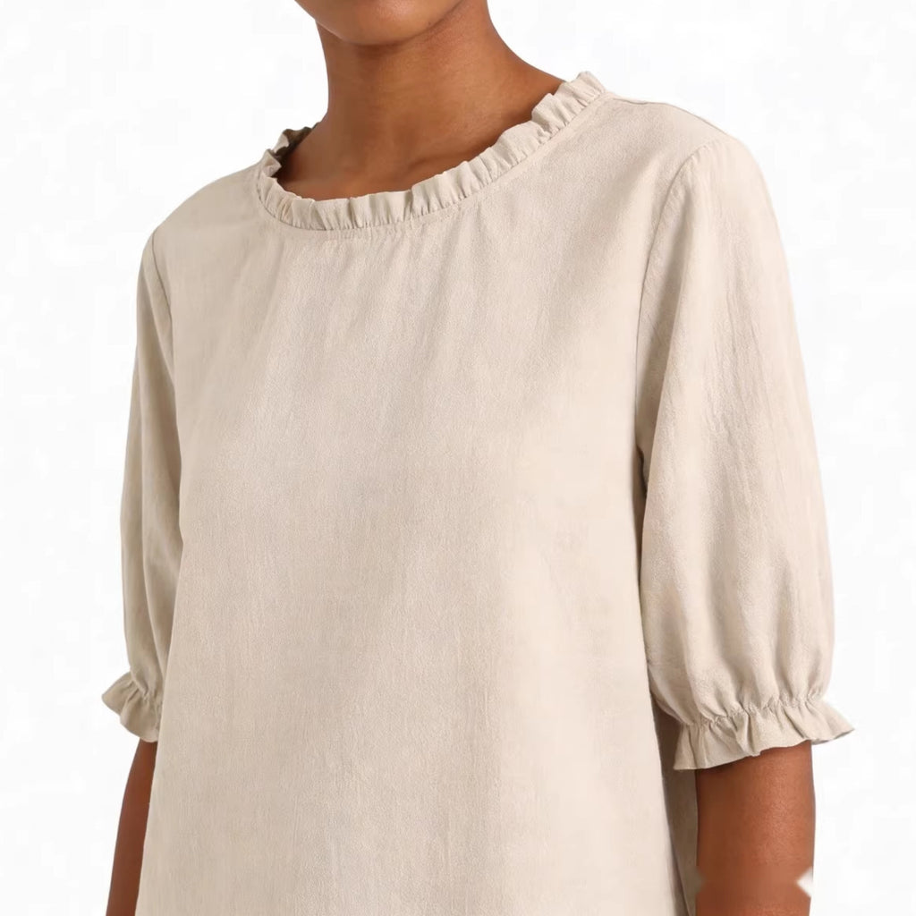 Round-neck Linen Solid-color Ruffled Mid-sleeve Top