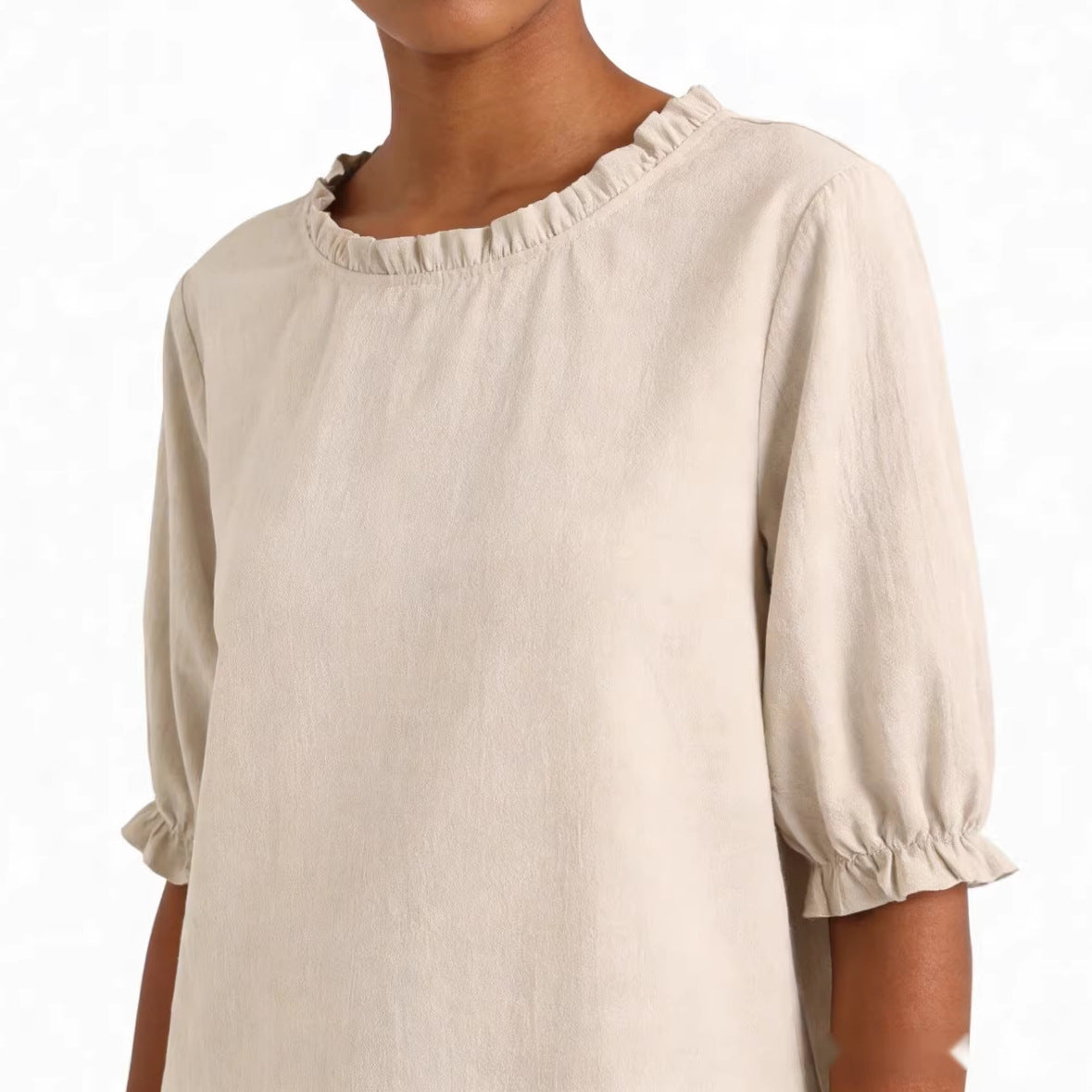 Round-neck Linen Solid-color Ruffled Mid-sleeve Top