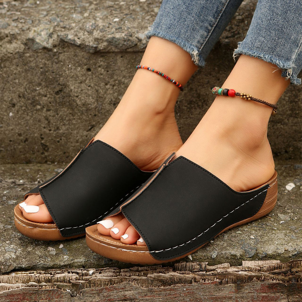 Fashion Solid Wedges Sandals Summer Casual Peep-toe Slippers Outdoor Thick Sole Heightening Slides Shoes Women null