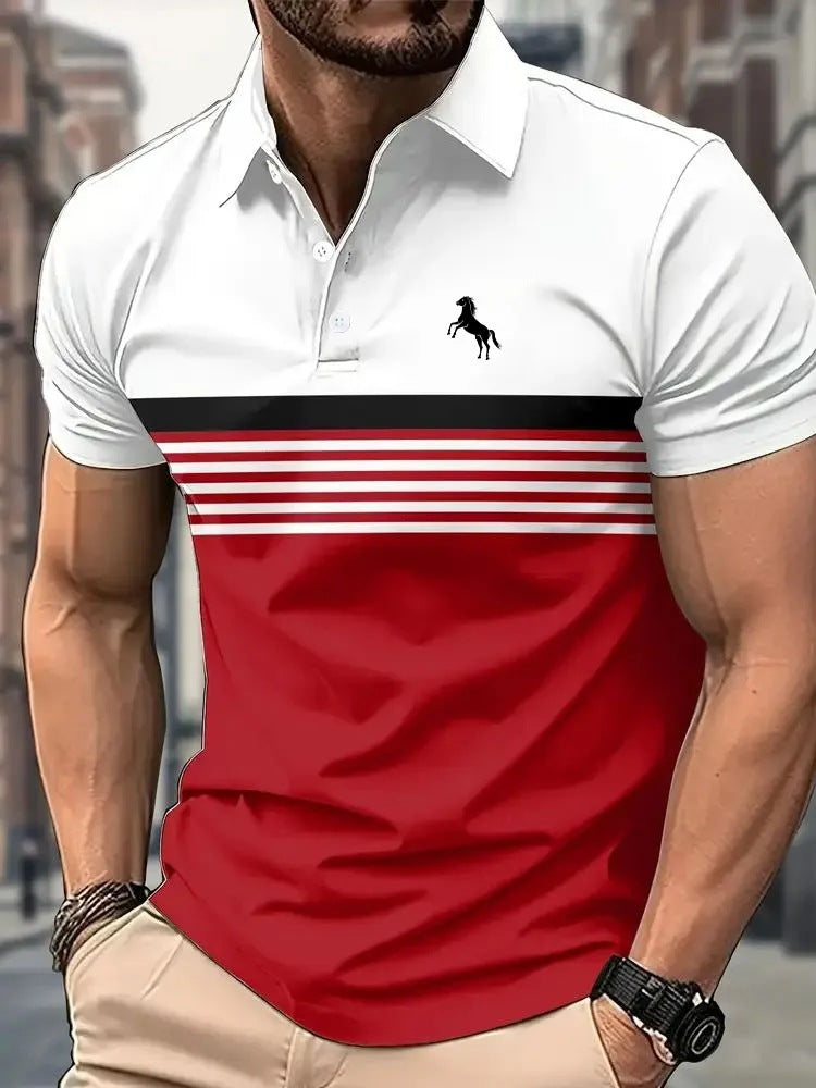 Men's Casual Striped Color Block Design Sports Style Collar Golf Shirt