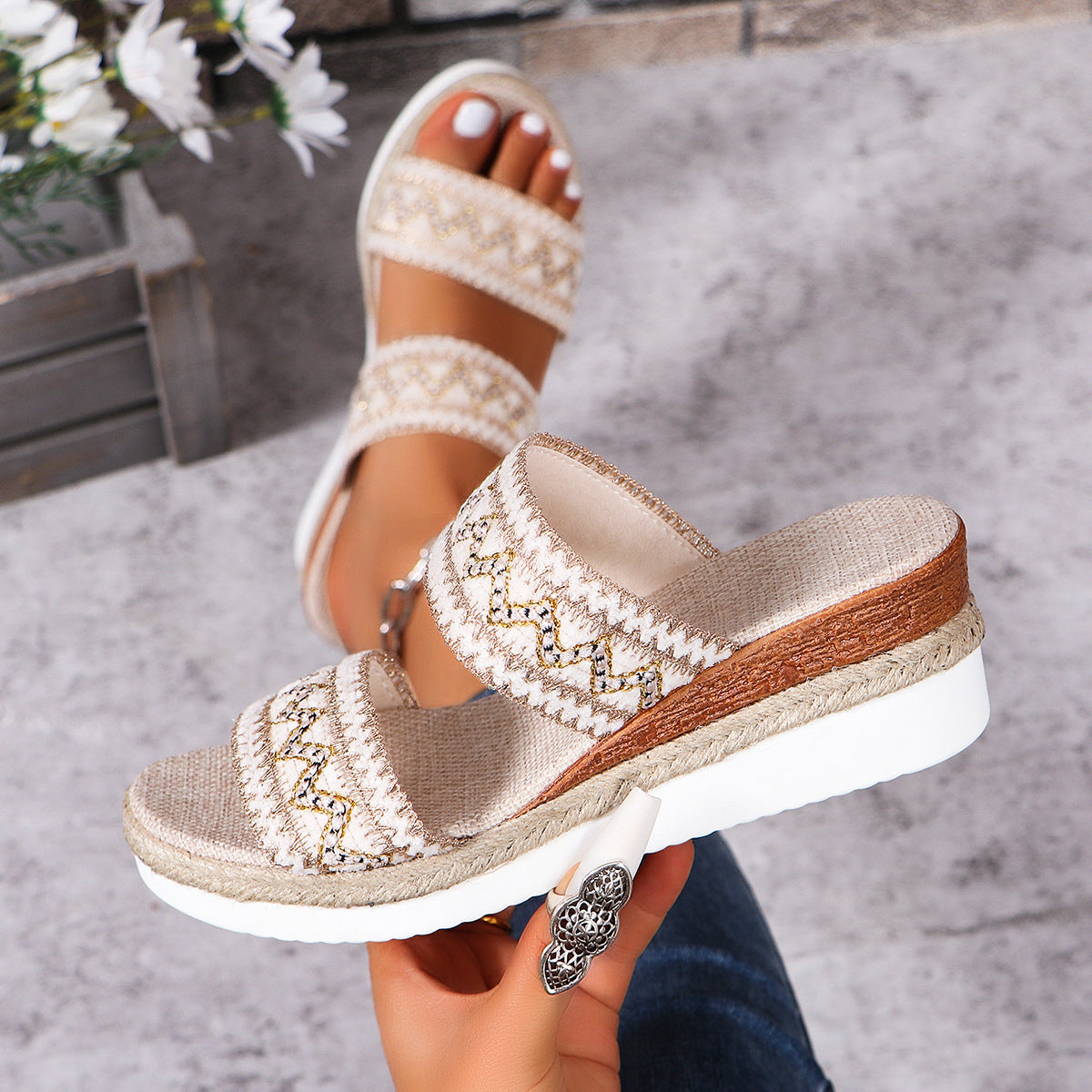 Fashion Wavy Pattern Woven Sandals Summer Casual Ethnic Style Slippers Linen Bottom Wide Strap Wedges Shoes For Women null