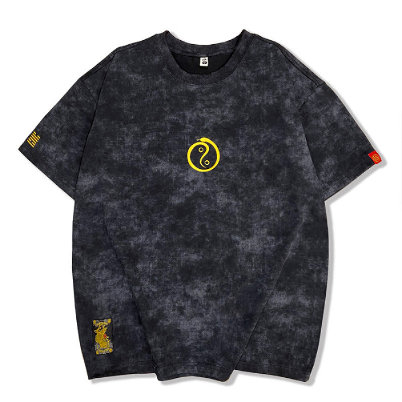 Embroidered Crew Neck Short Sleeve Washed Old Men