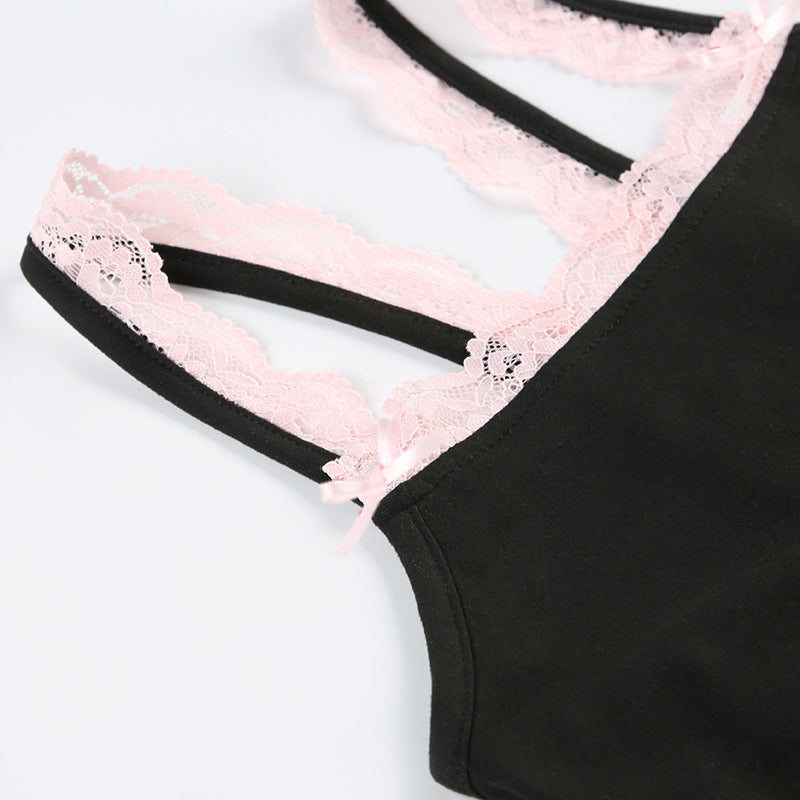 Lace Cami Jumpsuit With Bow Detailing And A Patchwork Square Neckline