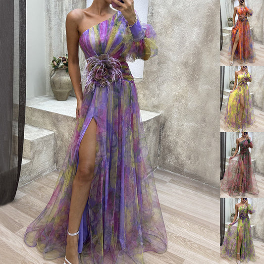 Mesh Tie-dye Printed Off-shoulder Slit Dress Summer INS Fashion Long Dress Party Womens Clothing.