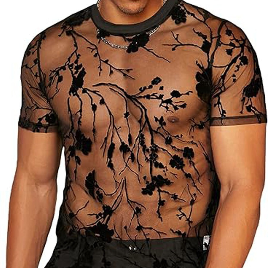 Round Neck See-through Mesh Short Sleeve T-shirt