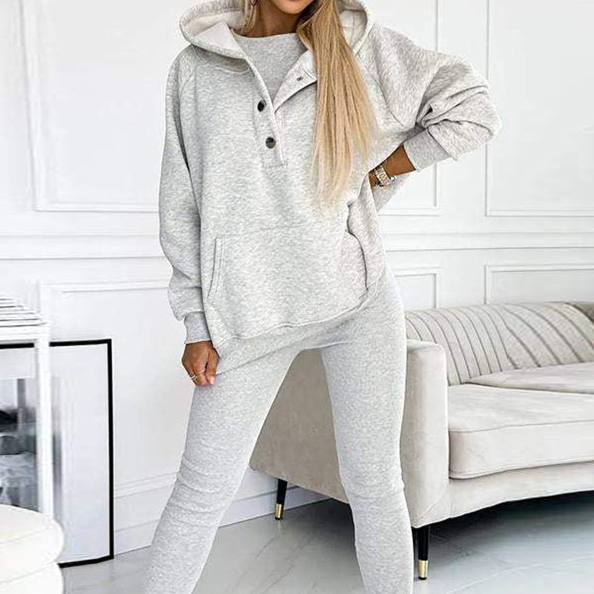 3pcs Women's Sports Suit Loose Hooded Pockets Sweatshirt And Vest And Slim Trousers null