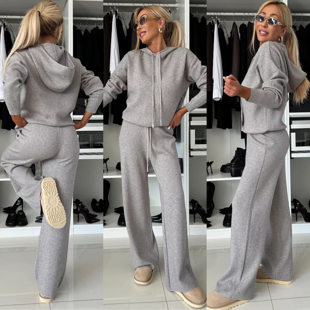 Women's Solid Color Hooded Long Sleeved Sweatshirt Wide Leg Pants Set null