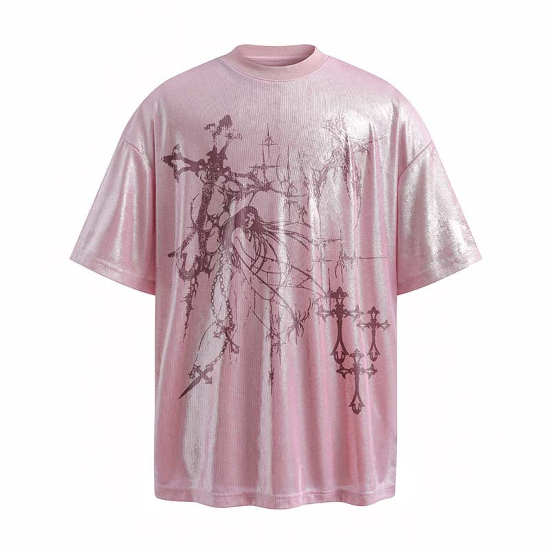 High Street American Martial Arts Character Chain Cross Printed Short Sleeve T-shirt Men