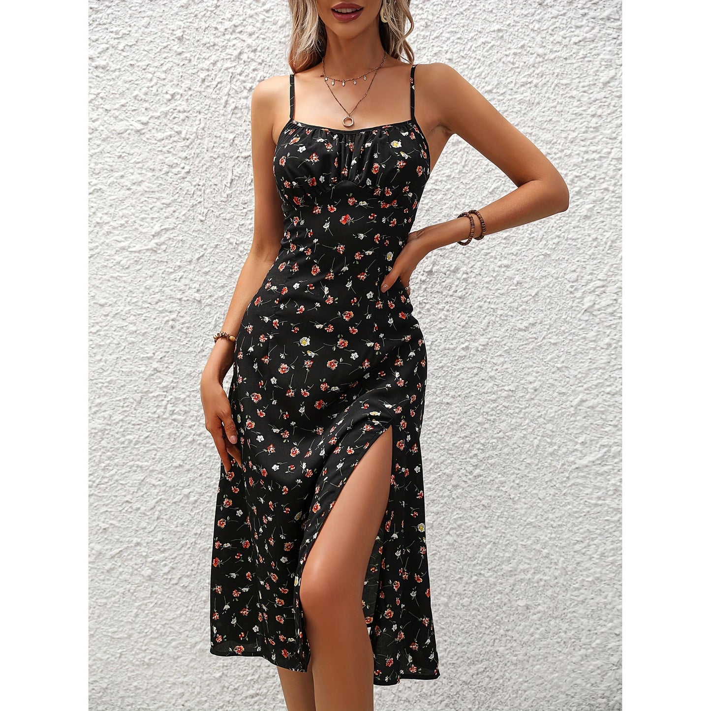 New Polka Dot Print Suspender Dress Summer Sexy Slit Long Dresses For Womens Clothing.