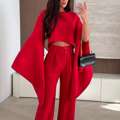 Womens Solid Color Casual Flare Sleeve T Shirt Single Piece Set