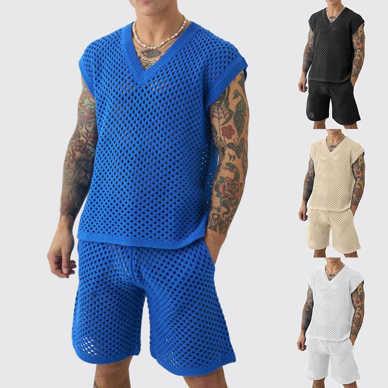 Men's V-neck Knitted Vest Shorts Suit