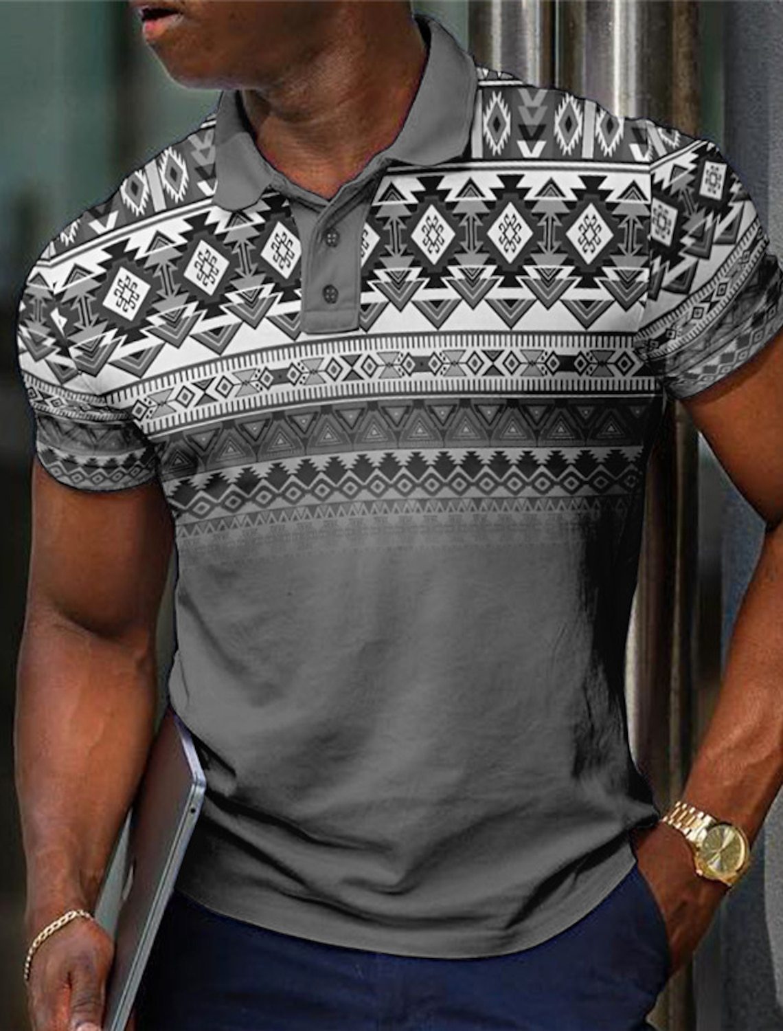 Pattern Button Short Sleeved Polo Shirt