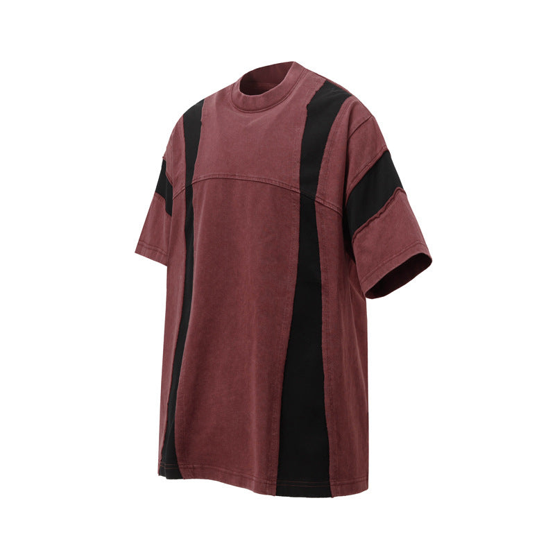 Retro Washed Distressed Short Sleeve Men's Stitching Contrast Color