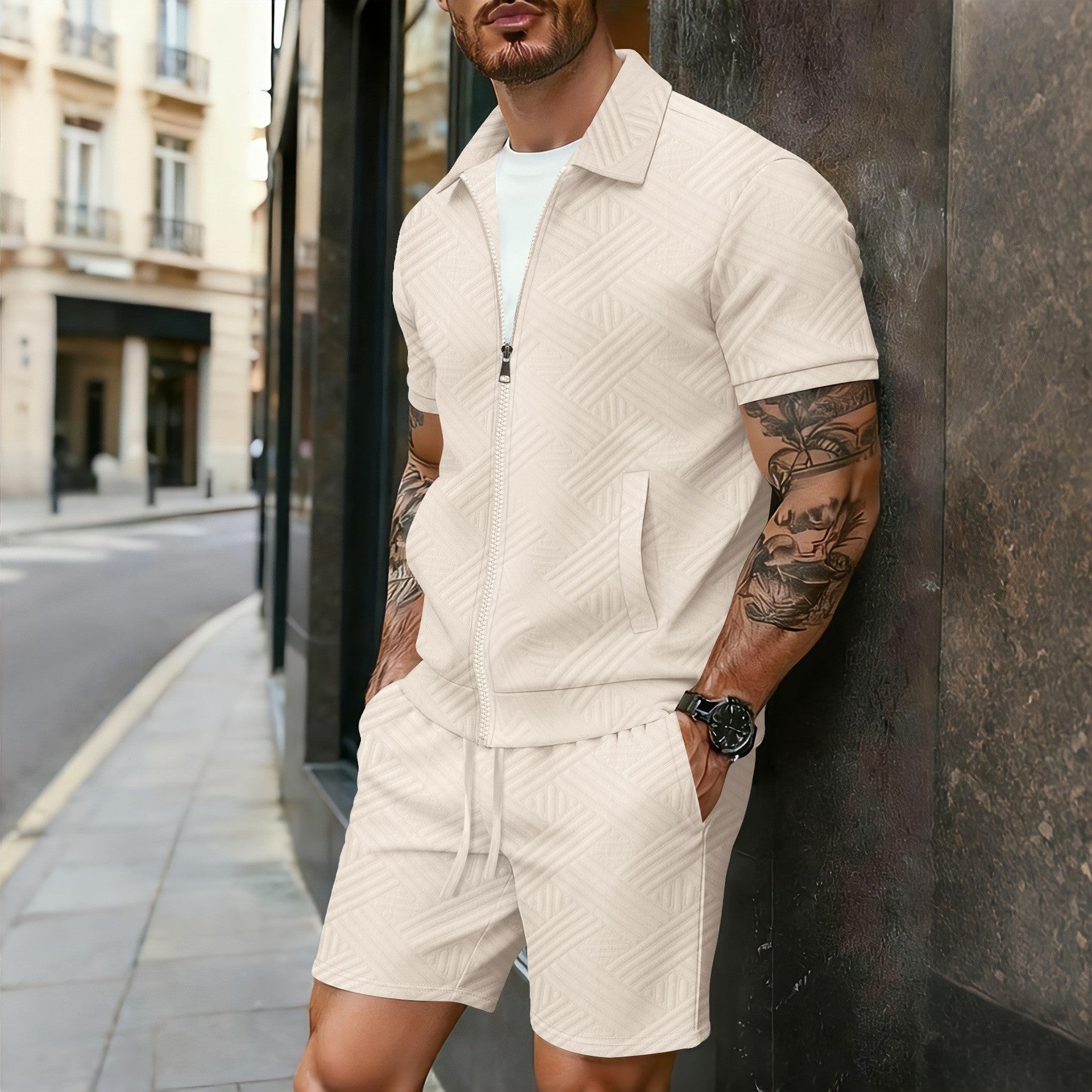 Jacquard Zip-up Cardigan Short-sleeve Jacket And Shorts Set