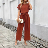 Women's Fashion Solid Color With Belt Round Neck Jumpsuit