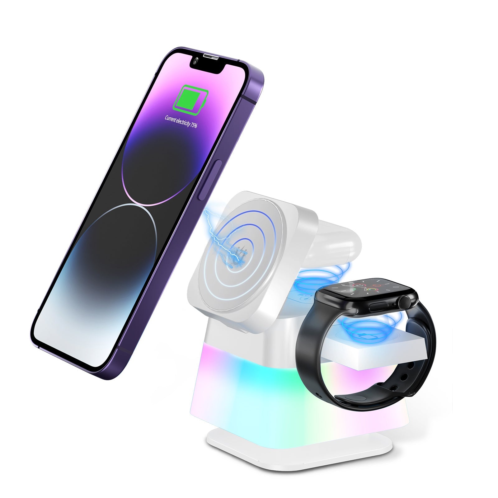 4 In 1 Rotatable Colorful Lighting Wireless Charger Stand For Phone 15 14 13 12 Pro Max 8 7 Holder Magnetic Fast Charging Station null