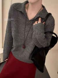Womens Polo-Neck Sweater Fashionable Casual Artistic Solid-Color