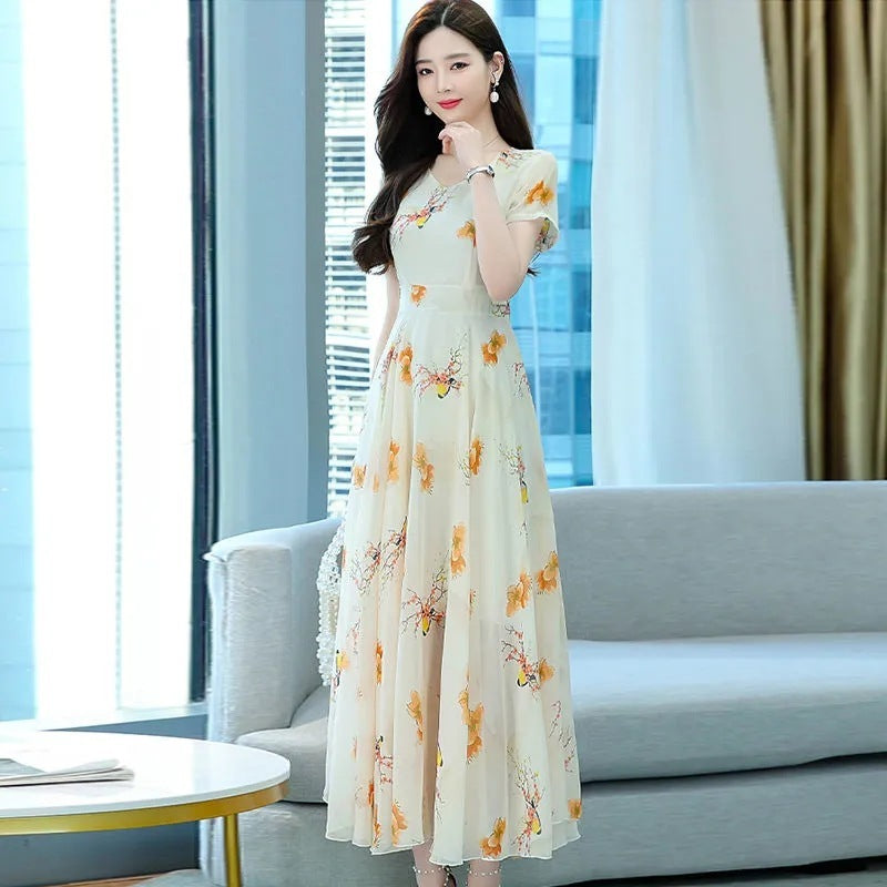 Short Sleeve V-neck Mid-length Dress Women's Waist Slimming Temperament Floral Skirt A-line Skirt Fashion null