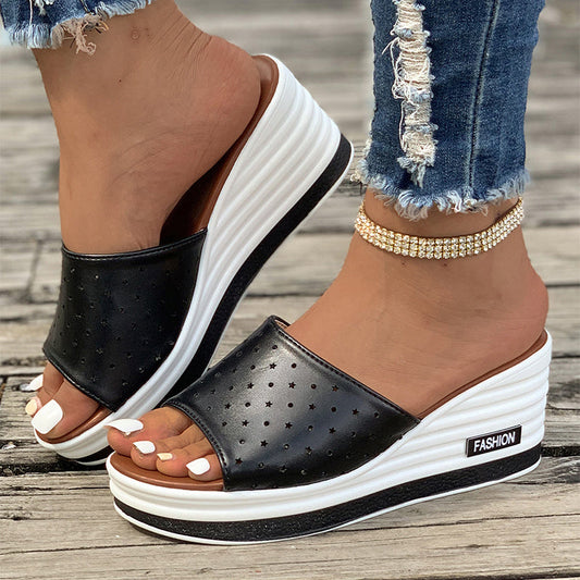 Fish Mouth Wedges Sandals Summer Fashion Hollow Design High Heels Slides Slippers Casual Beach Shoes For Women null