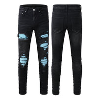 Street-style Mens Ripped Corduroy Patch Denim Jeans