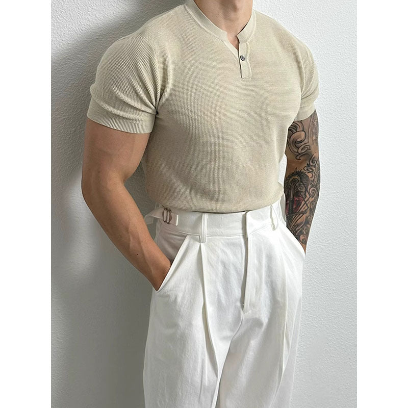 Knitwear Men's Henry Collar Button Slim Fit Business Ice Silk