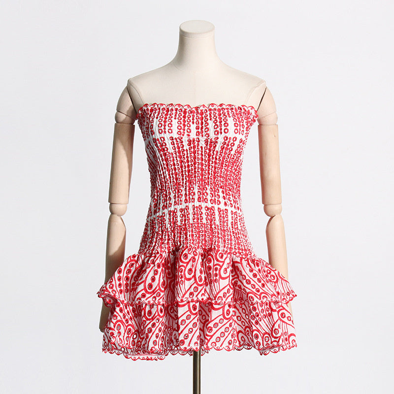 Y2K Tube Top Pleated Dress Ins Fashion Print A-line Short Dresses For Beach Party Clothing Women.