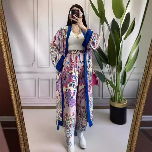 Casual Printed Design Long Shirt Wide Leg Pants Suit null