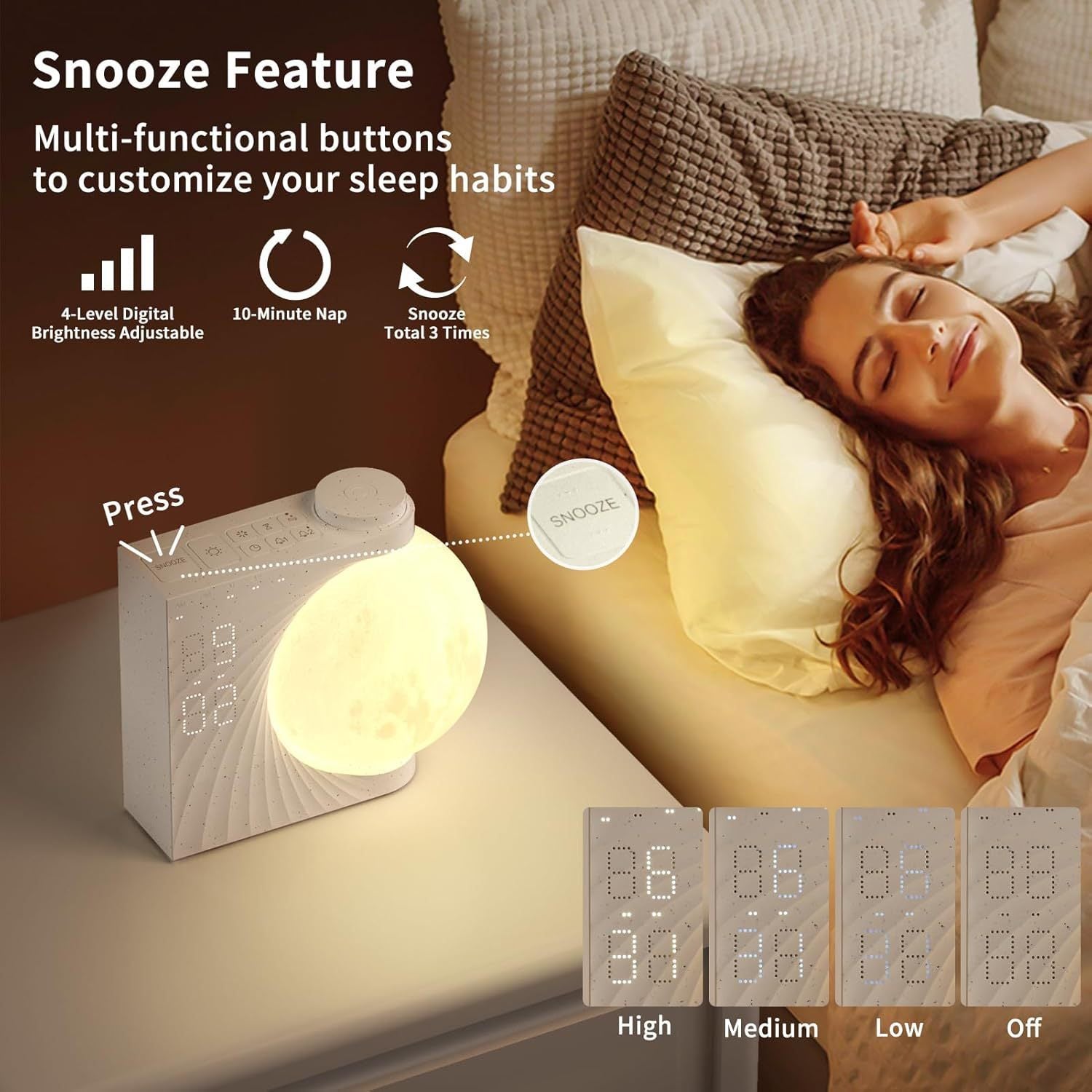 Colorful Atmosphere Moon Light Clock Wake Up Light Breathing Light Three Level Dimming Clock Dual Alarm Clock Timing White Noise null