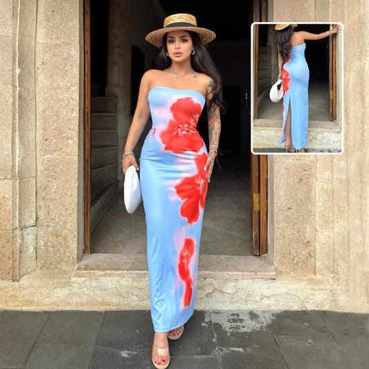 Slim Slit Tube Long Dress Summer Sexy Pint Party Beach Dresses Women's Clothing null