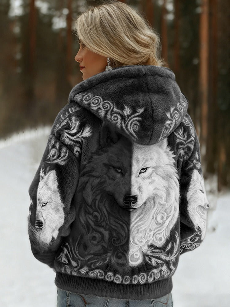 Womens Printed Street-Style Flannel Hoodie For Fall And Winter