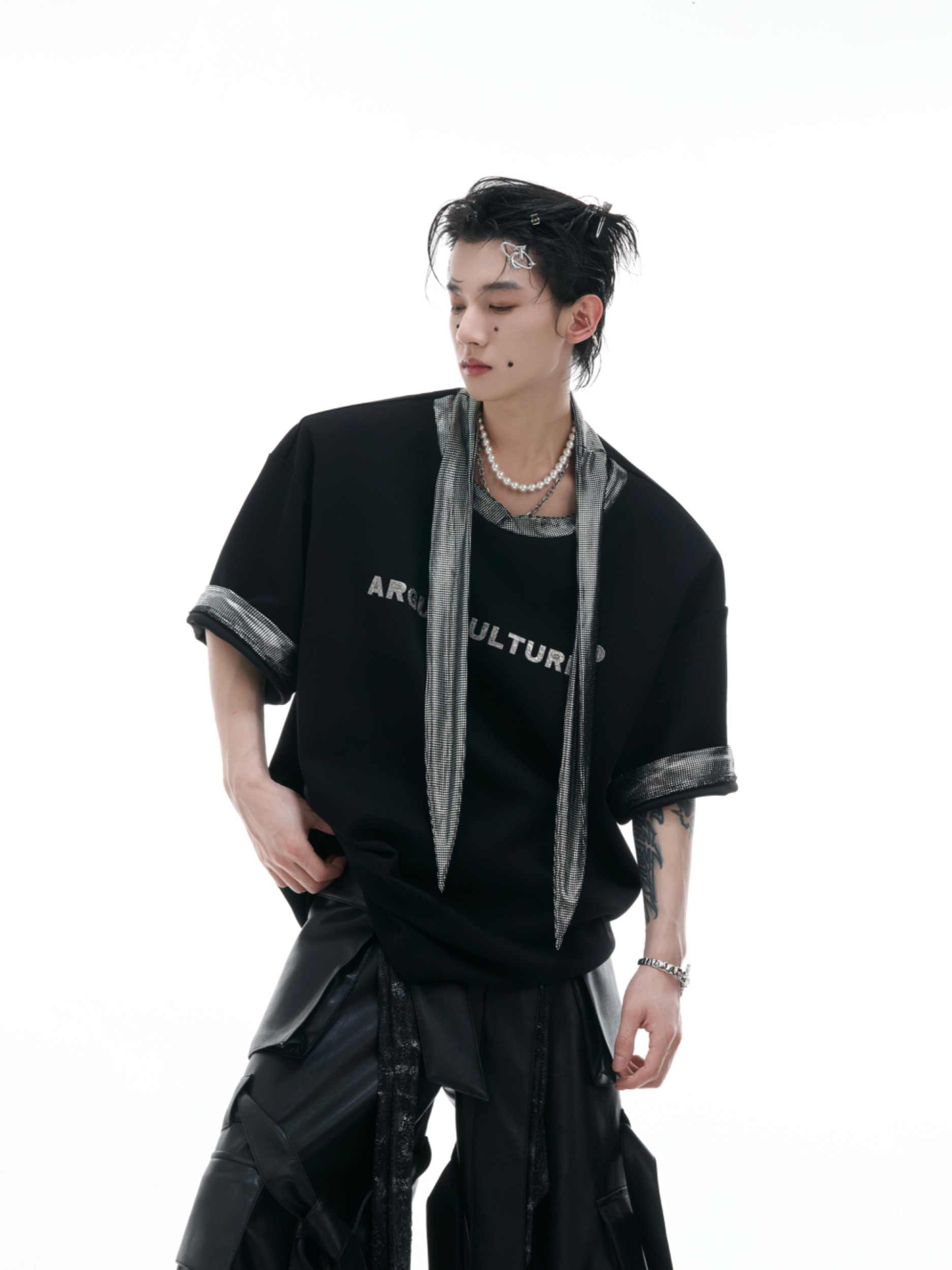 Tie Stitching Design Short Sleeve Metal Printing Simple T-shirt Tide