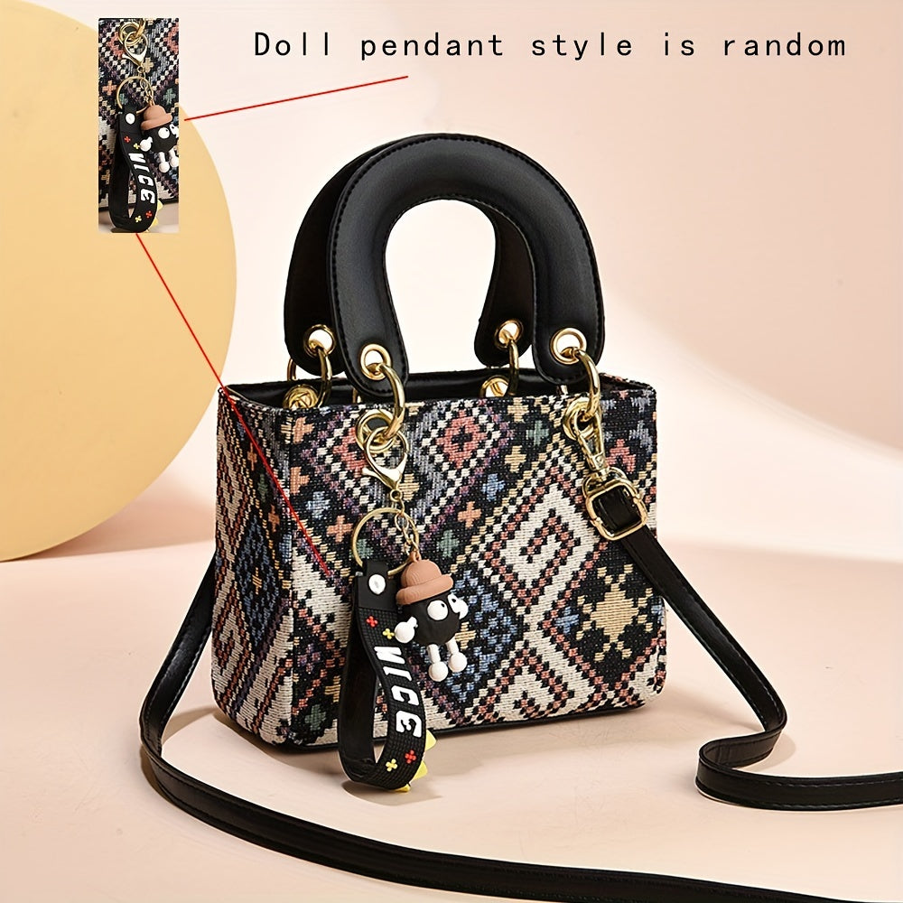 Stylish Shoulder Small Bag, Woven Fabric Cute Doll Pendant, Summer Niche Crossbody Bag Checkered Elements Handbag, Large Capacity Space Multilayer Divider Storage Dropshipman