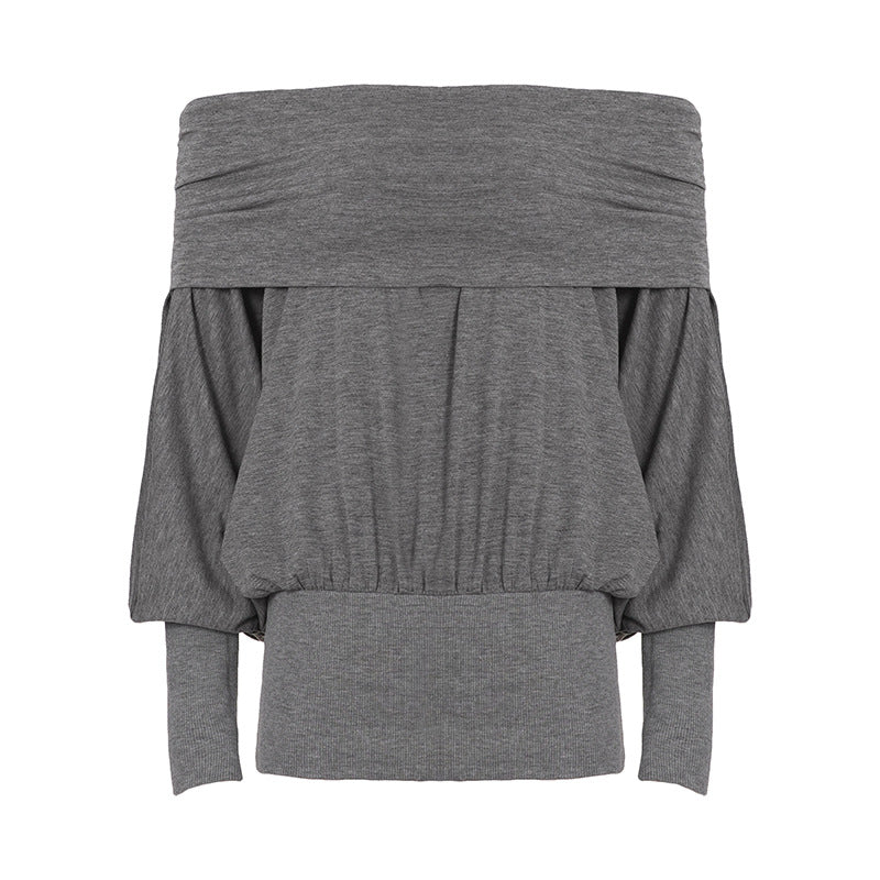 Minimalist Solid-color Off-shoulder Boat-neck Long-sleeve Top