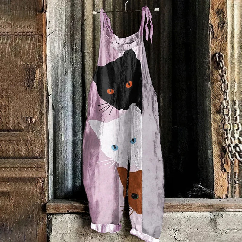 Womens Sweet 3D-Printed Retro Wide-Leg Overalls