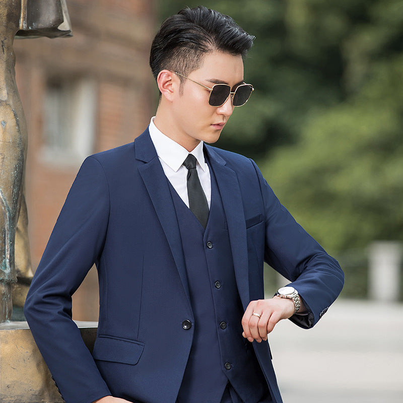 Alt Tag: Korean-style Casual Blazer Suit Jacket Three-piece Set in navy slim-fit with shirt and trousers, stylish men's clothing modern men fashion