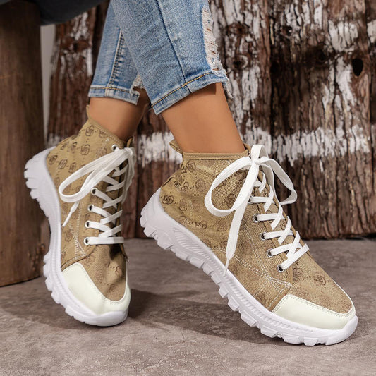 Rose-printed Lace-up Boots Fashion Breathable Canvas Shoes Sports Casual Non-slip Thick-soled Short Boot For Women null