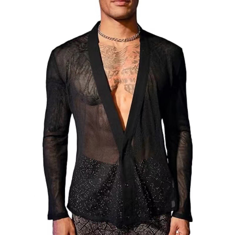 Men's Transparent Mesh V-Neck Cardigan Top